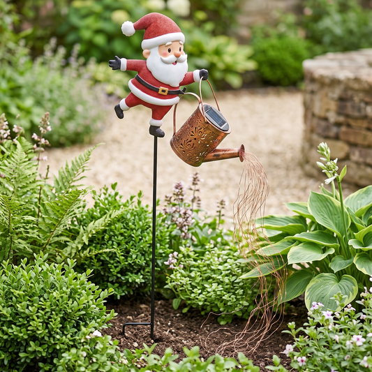 Santa watering can solar light in a garden in daylight