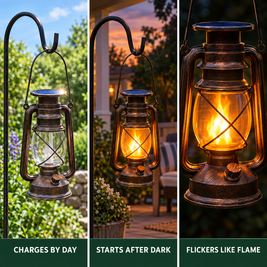 How the solar hanging flame lantern works: charges by day, starts after dark, flickers like flame