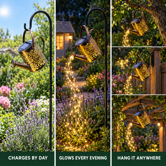 How the solar watering can lights work: charges by day, glows every evening, hang it anywhere