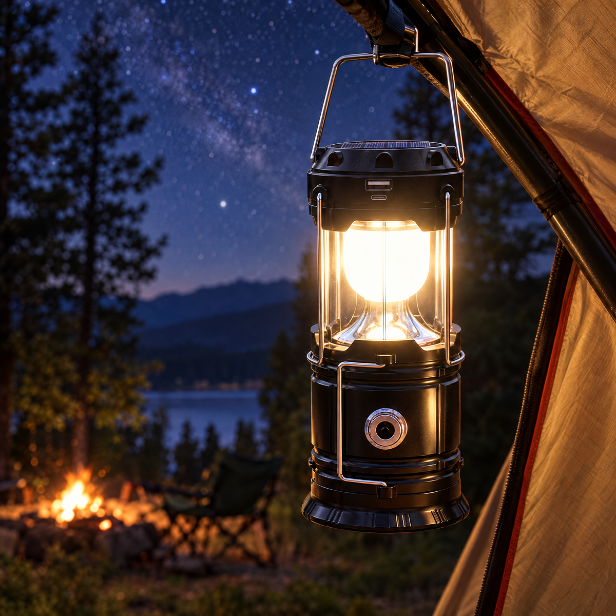 Collapsible camping lantern hanging from a tent entrance at night
