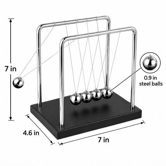 Newton's cradle size diagram: 7 in high, 7 in wide, 4.6 in deep, 0.9 in steel balls