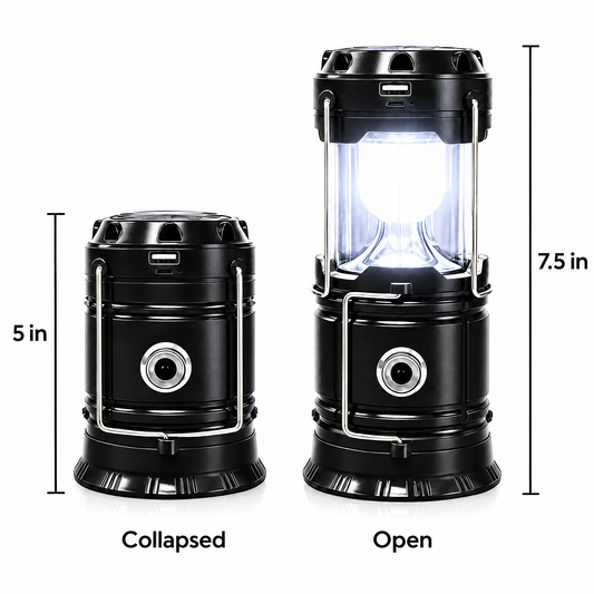 Collapsible camping lantern size: 5 in collapsed and 7.5 in open
