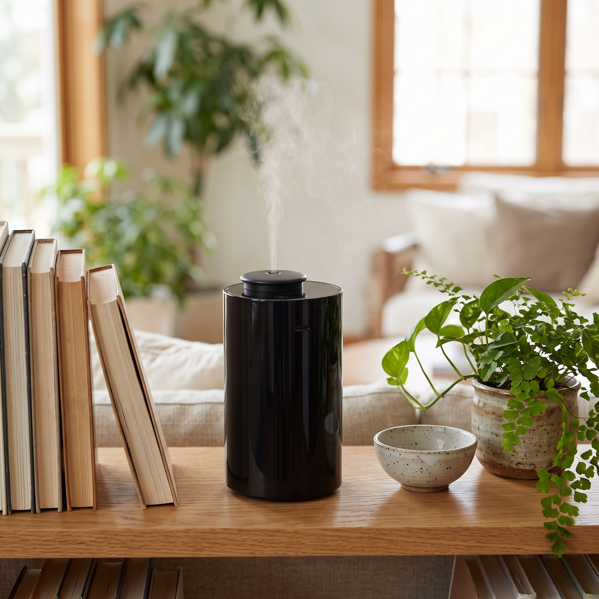 Black diffuser misting on a living room shelf