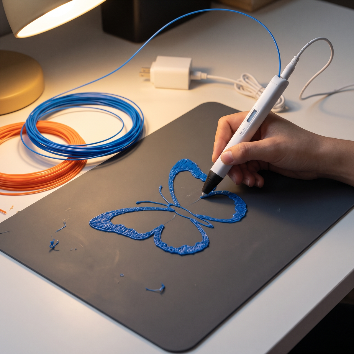 Hand drawing a butterfly with a 3D printing pen on a drawing mat
