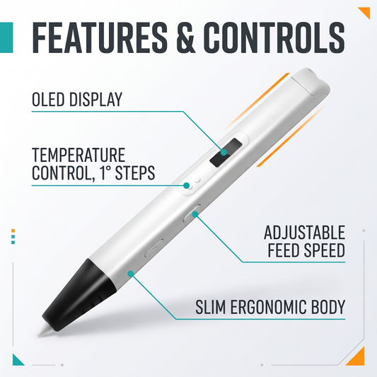 3D printing pen features and controls: OLED display, temperature control, adjustable feed speed, slim body