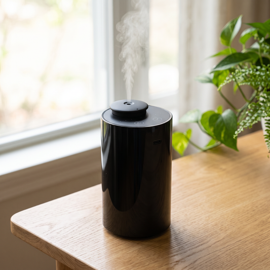 Black waterless diffuser misting on an oak table by a window