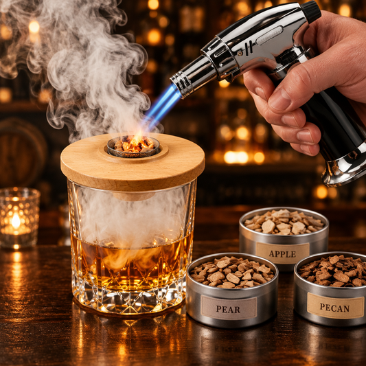 Lighting wood chips in the oak smoker lid on a glass of bourbon with the triple-flame torch