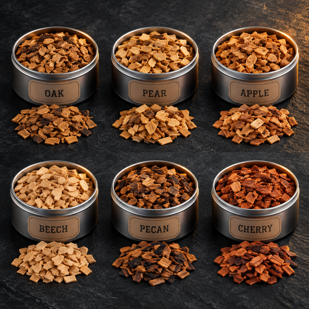 Six wood chip flavours: oak, pear, apple, beech, pecan and cherry
