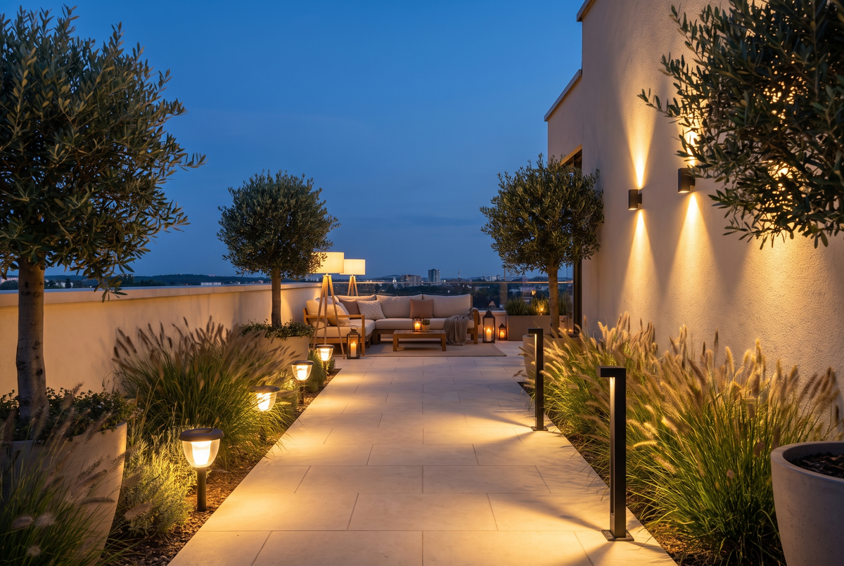 Solar path lights on a terrace at dusk