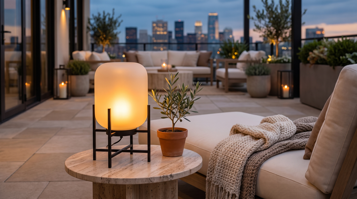 Frosted solar lantern on a patio table