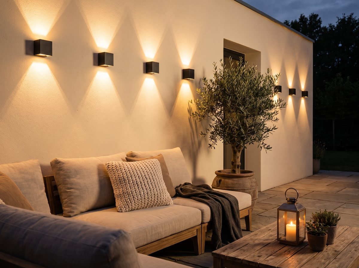 Solar wall lights above an outdoor lounge