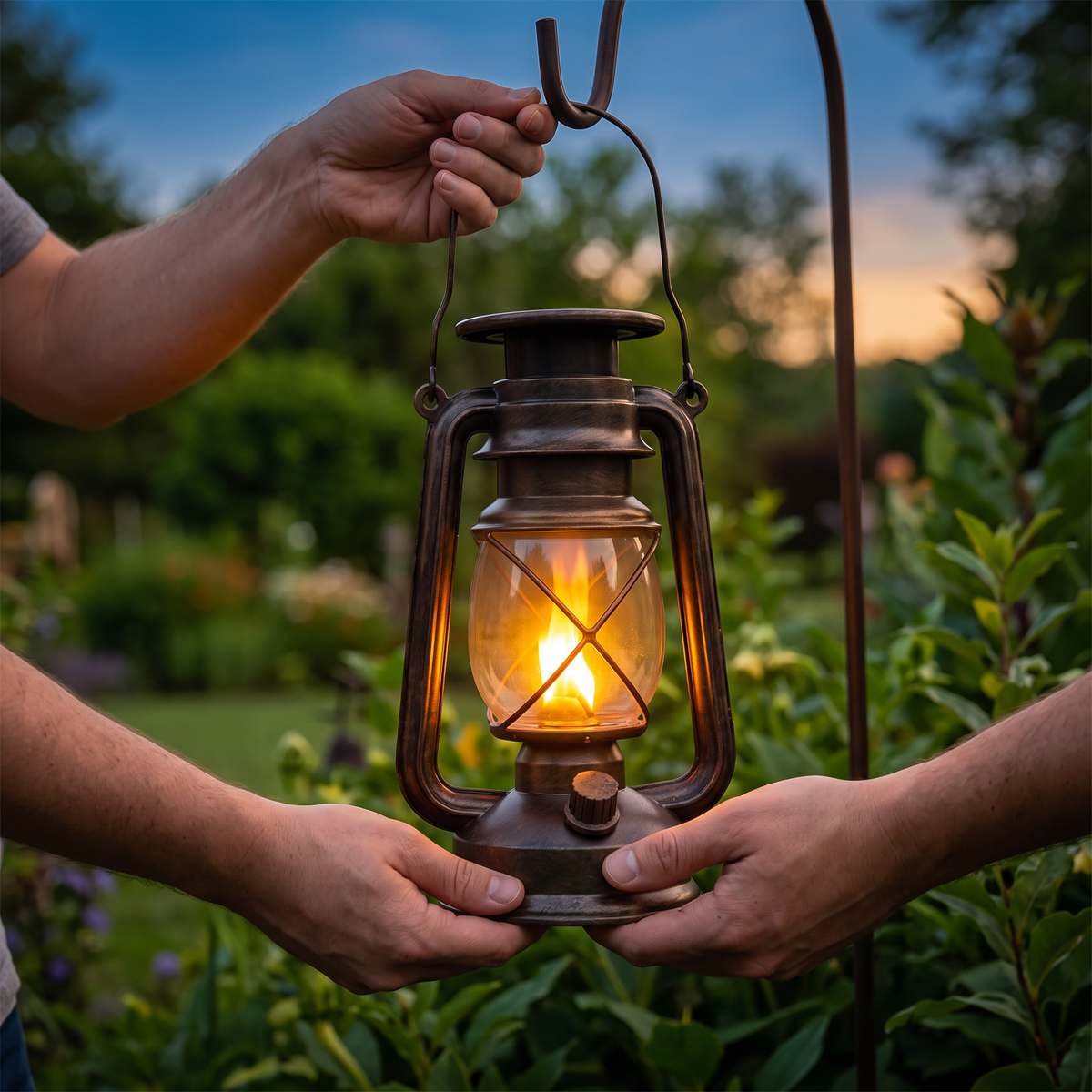 Hands hanging the solar lantern on a garden hook