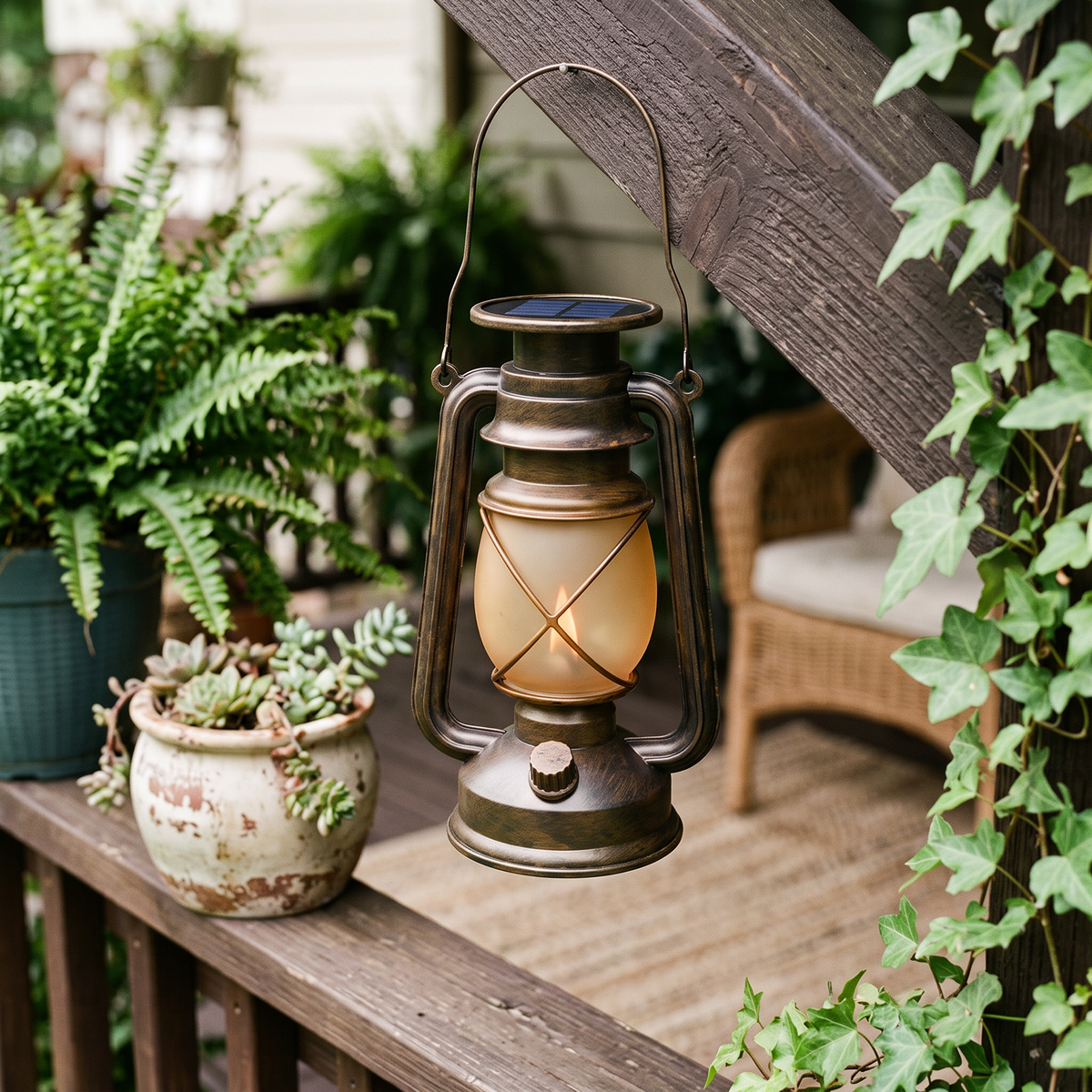 Solar hanging lantern on porch in daylight