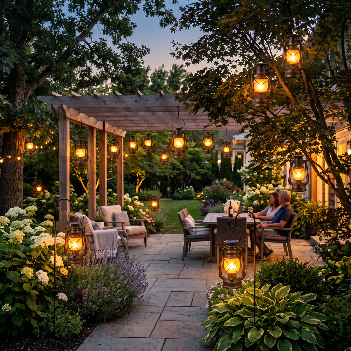 Backyard patio at dusk lit by the solar lanterns