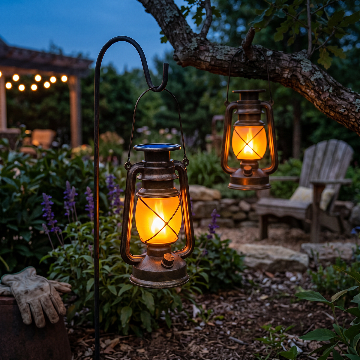 Solar hanging lantern 2 pack glowing at dusk in garden