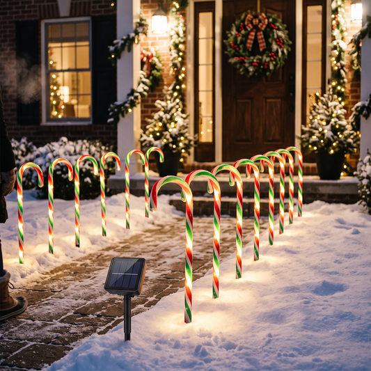 Solar candy cane lights at night