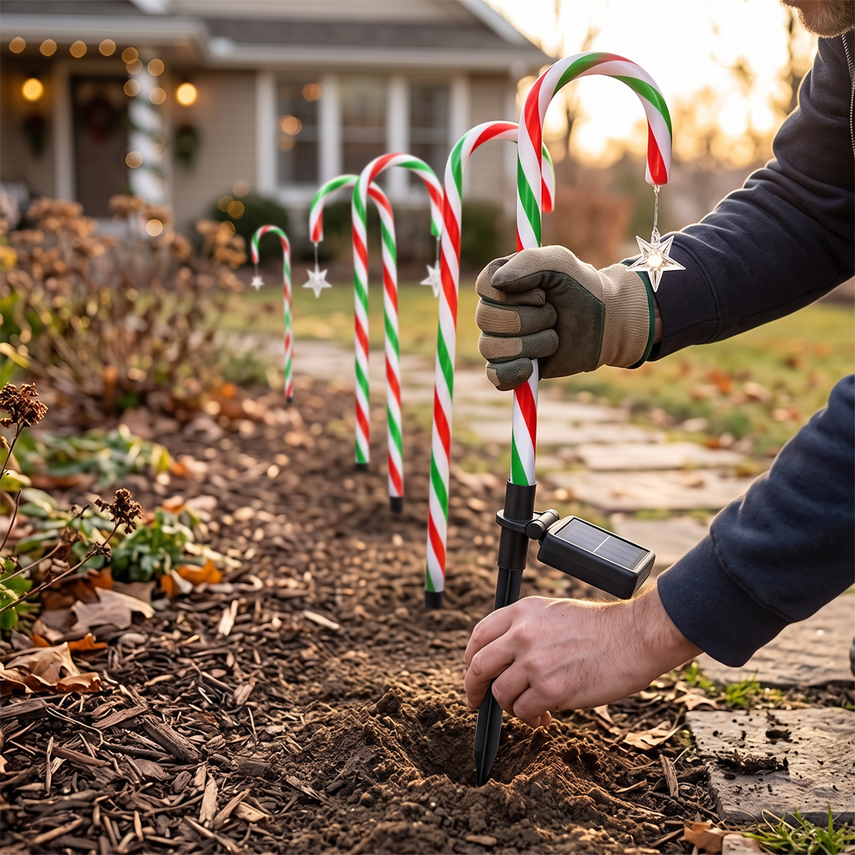 Hands staking a candy cane light into the ground