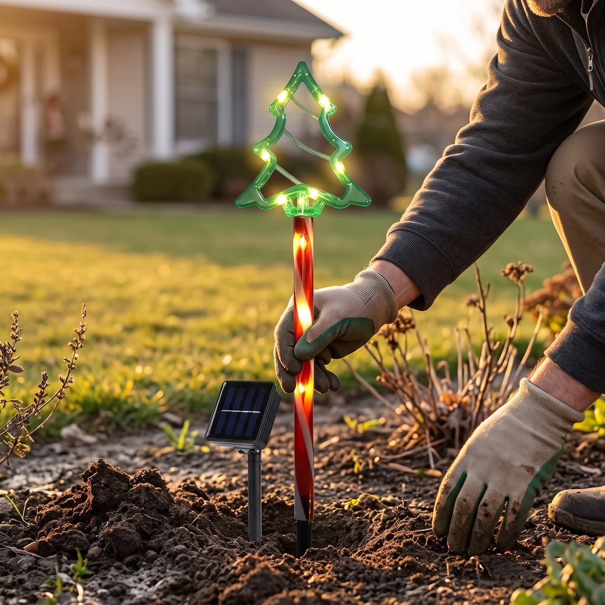 Hands placing a solar Christmas tree light