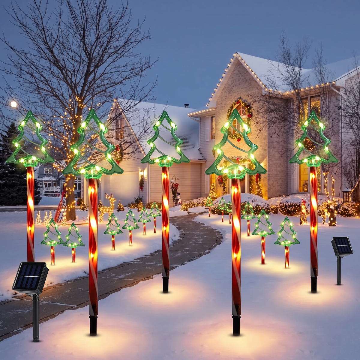 Front lawn lit by solar Christmas tree lights