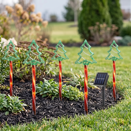 Solar Christmas tree light in a garden in daylight