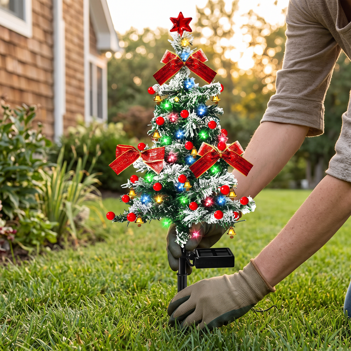 Hands staking a cedar tree solar light
