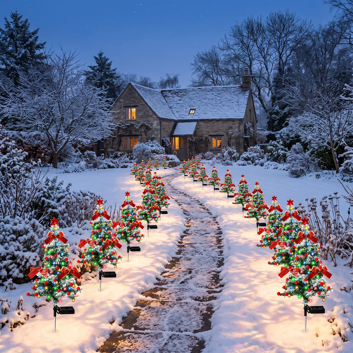 Garden pathway lit by cedar tree solar lights