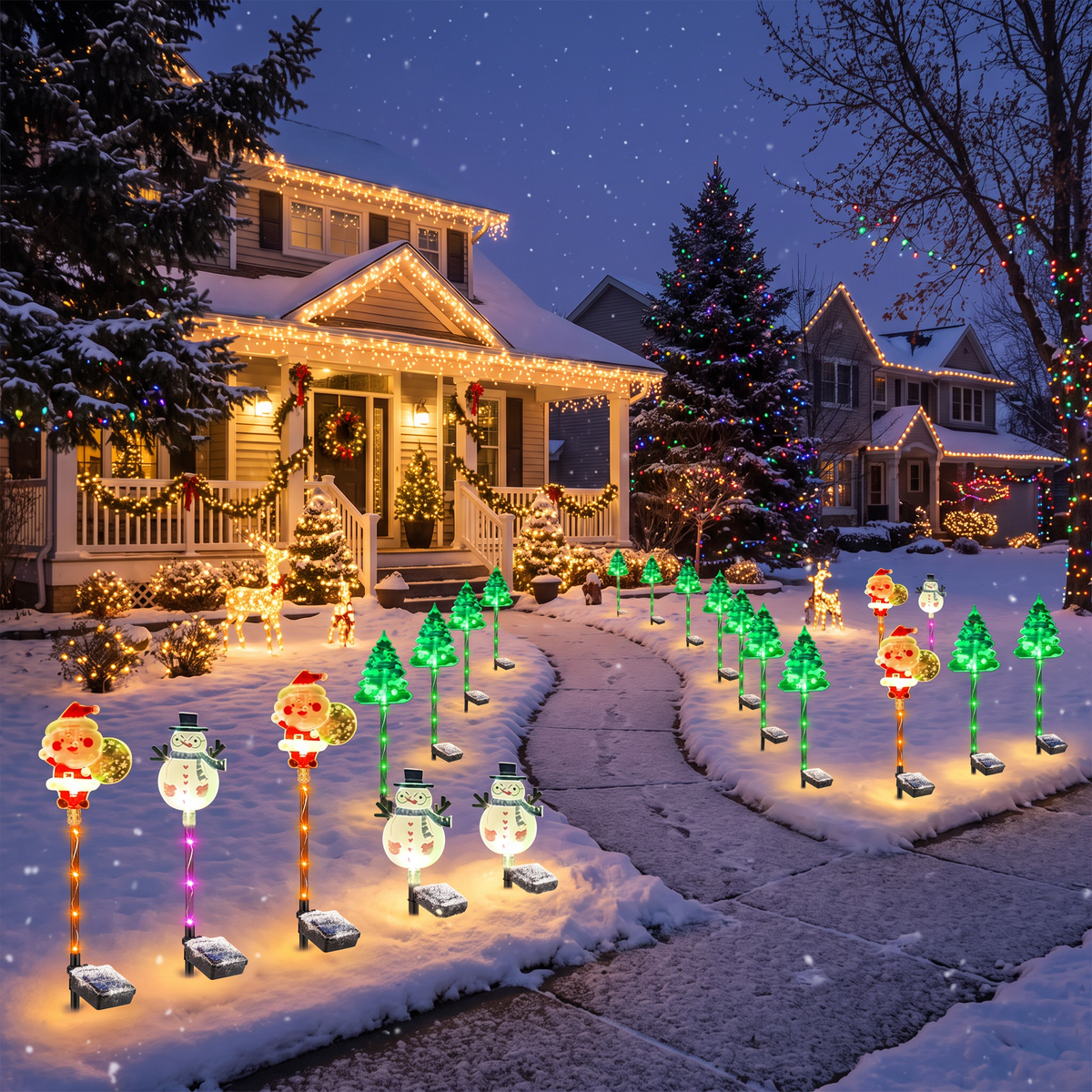 Decorated front yard lit by Christmas spike lights