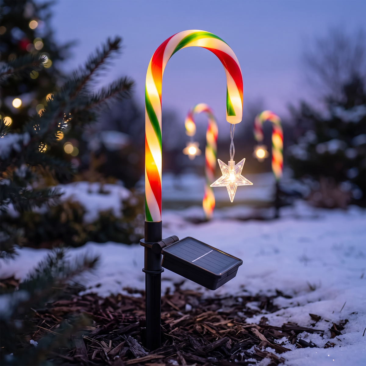 Close-up of solar candy cane light