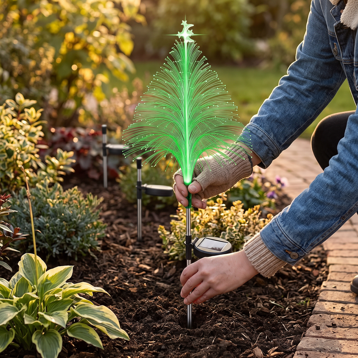 Hands staking a solar tree light into a garden bed