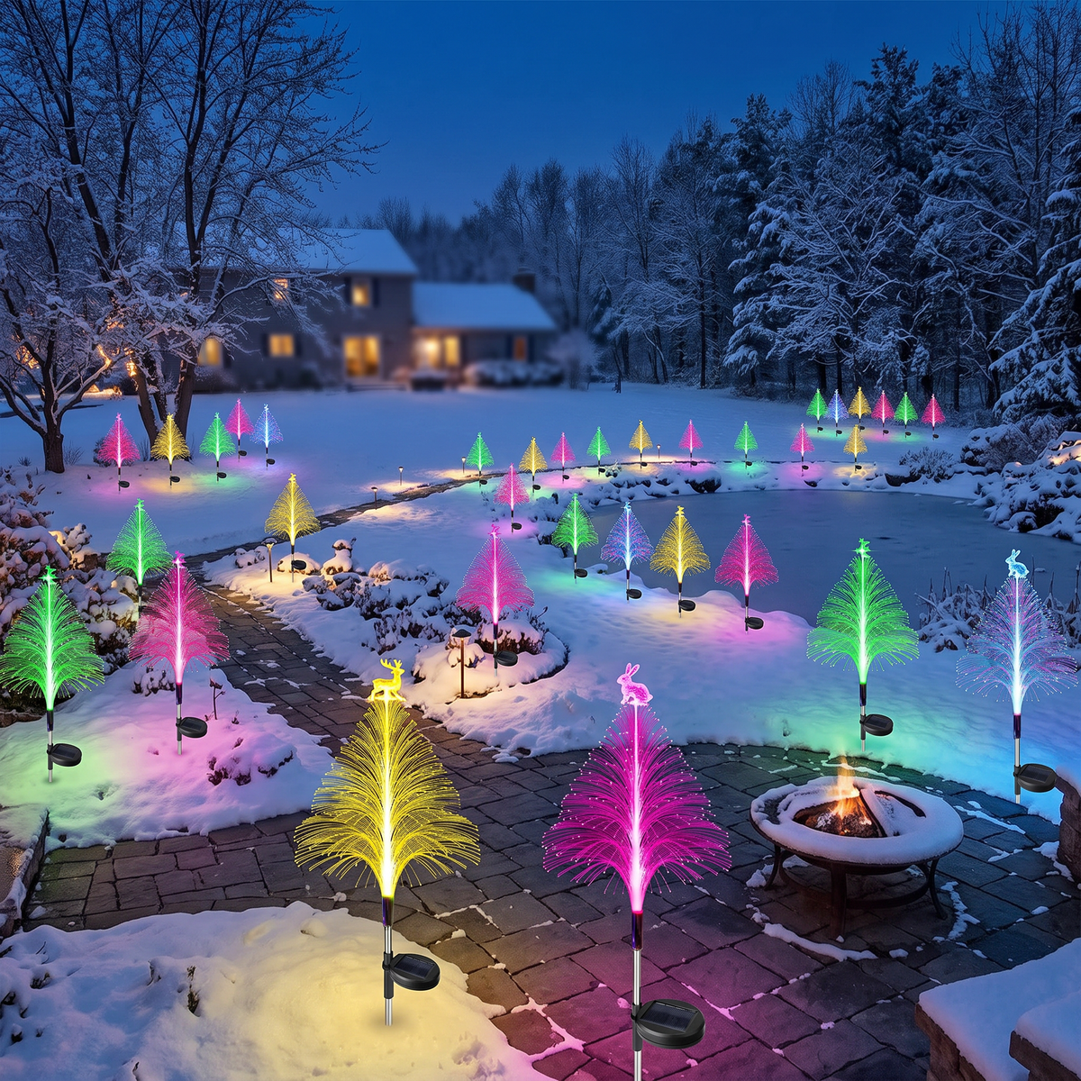 Patio and garden lit by color-changing solar tree lights