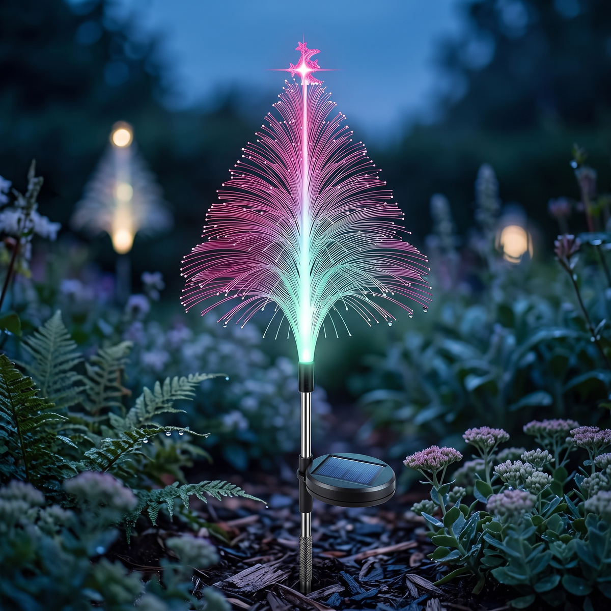 Close-up of color-changing solar tree light