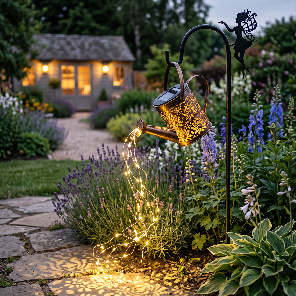 Fairy watering can light glowing in a garden at dusk