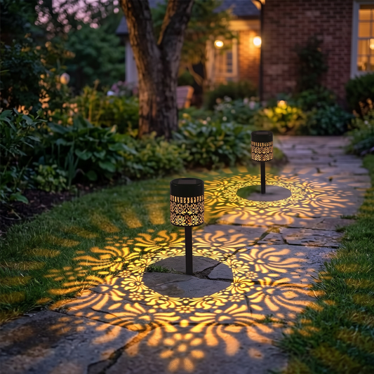 Peony mandala solar lights along a garden path at dusk