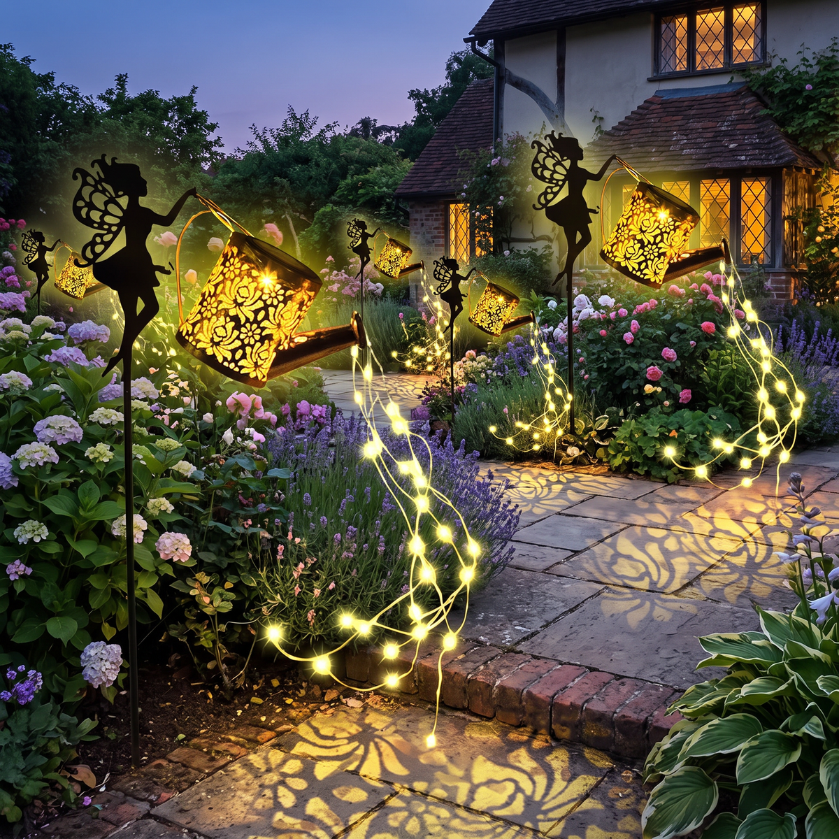 Cottage garden at dusk with watering can lights