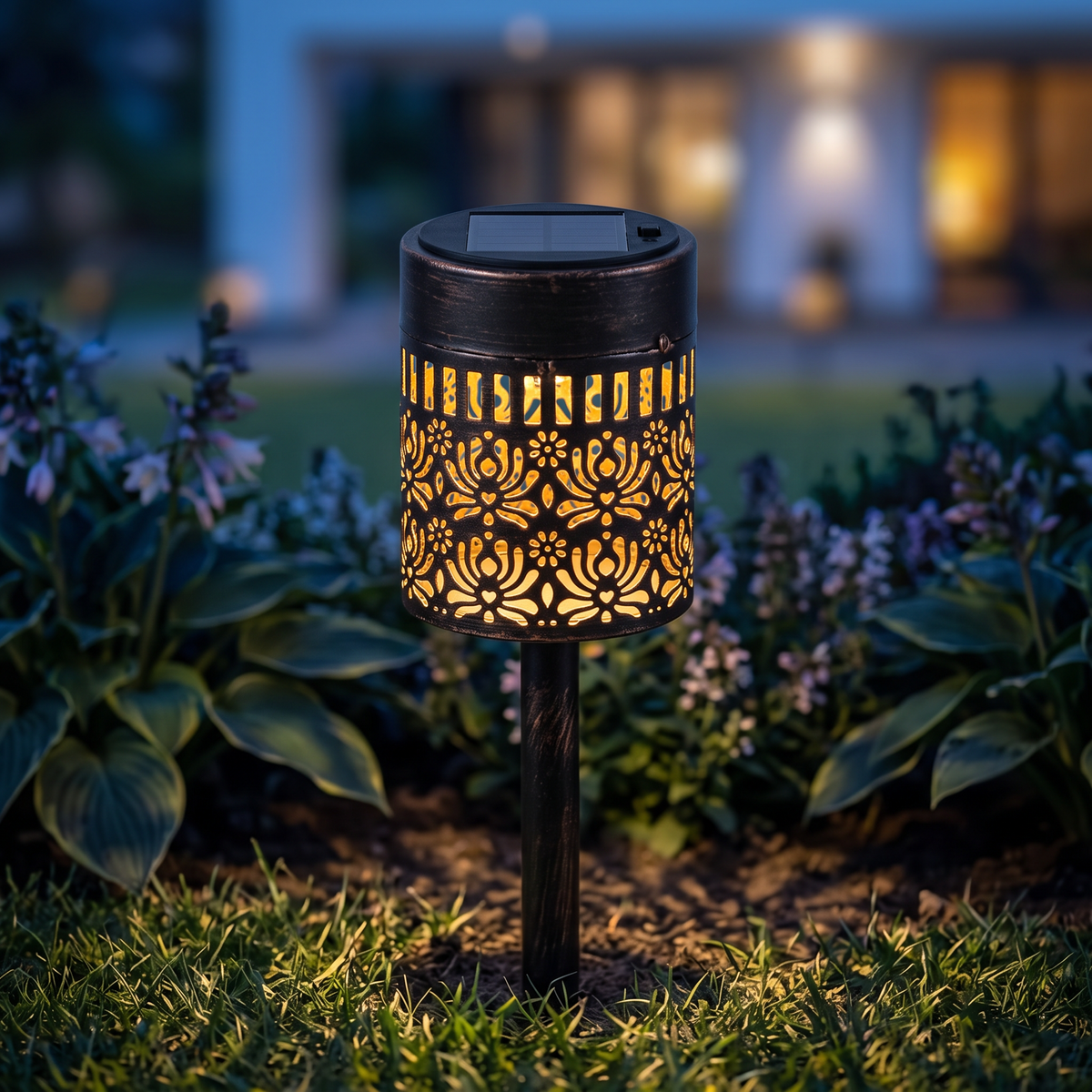Close-up of wrought-iron peony mandala solar light