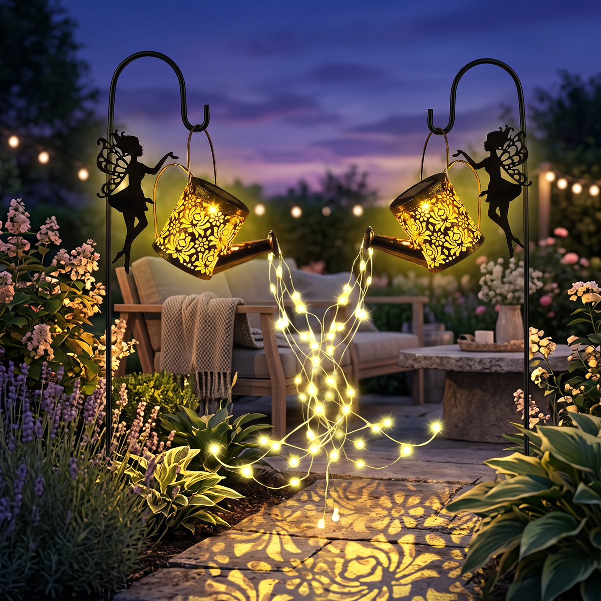 Both watering can lights glowing in a garden