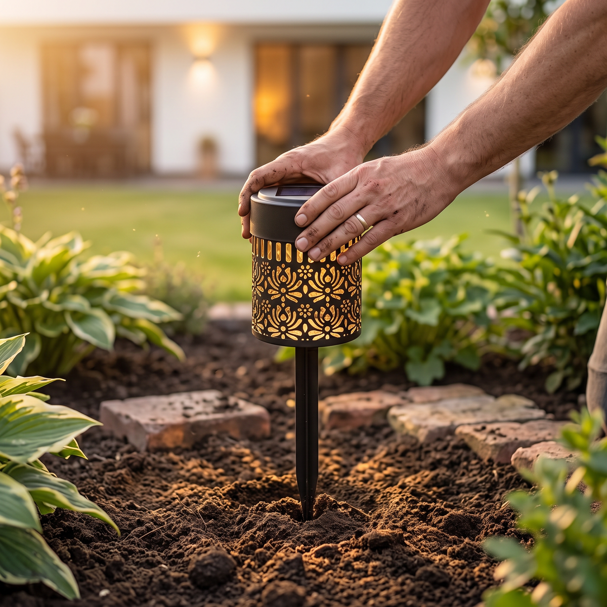 Hands pushing the peony solar light into soil