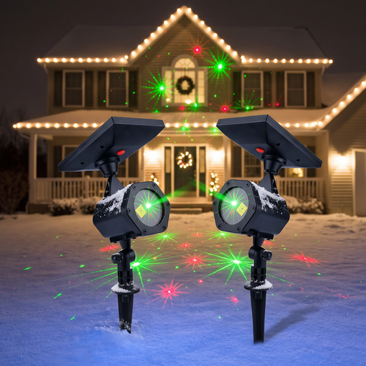Solar Christmas light projector lighting a house at night