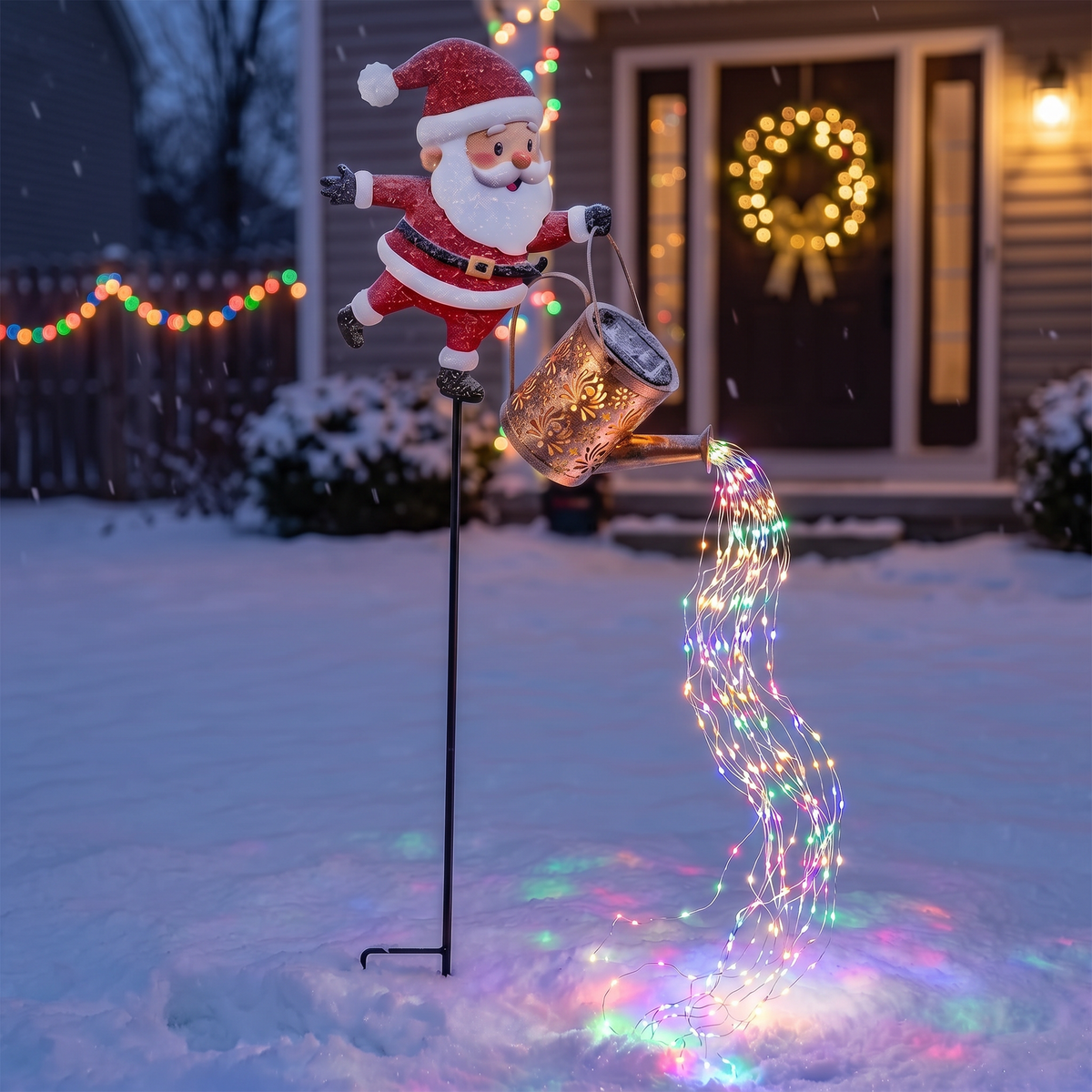 Santa watering can solar light glowing in a snowy garden at night