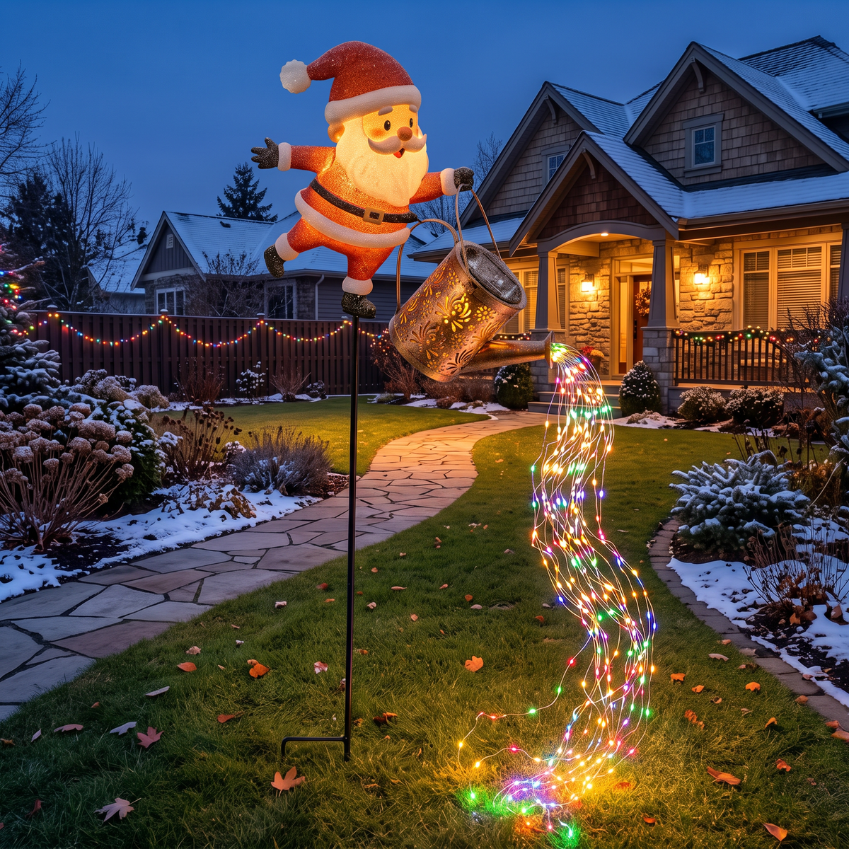 Garden at dusk with the watering can light as centerpiece
