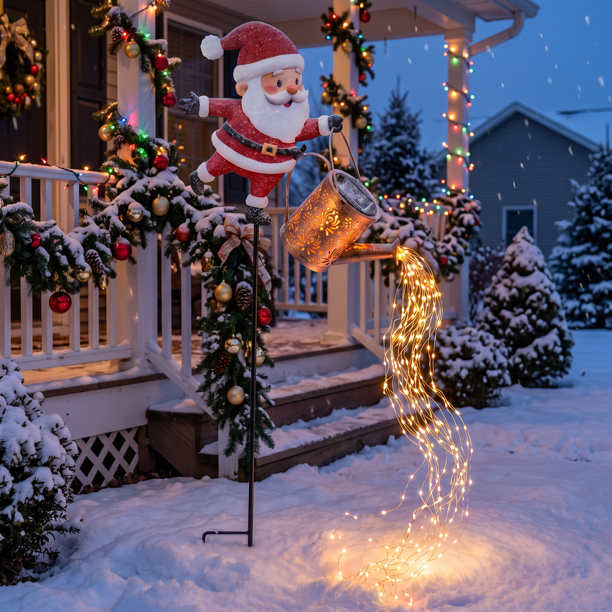 Watering can light beside a decorated Christmas porch