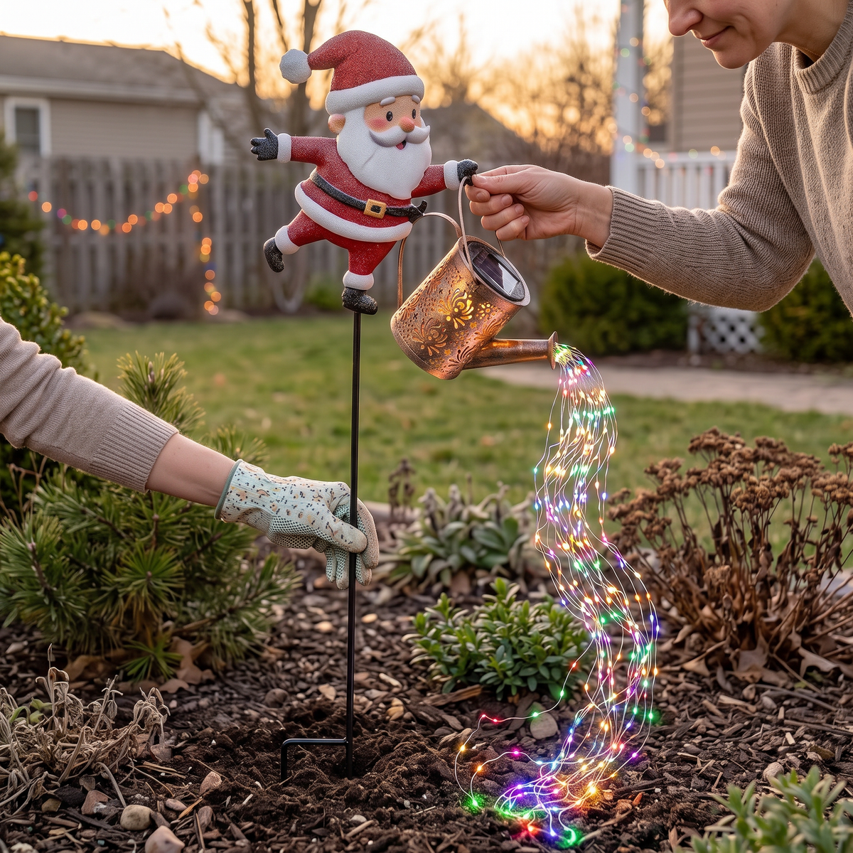 Hands setting the watering can light into garden soil