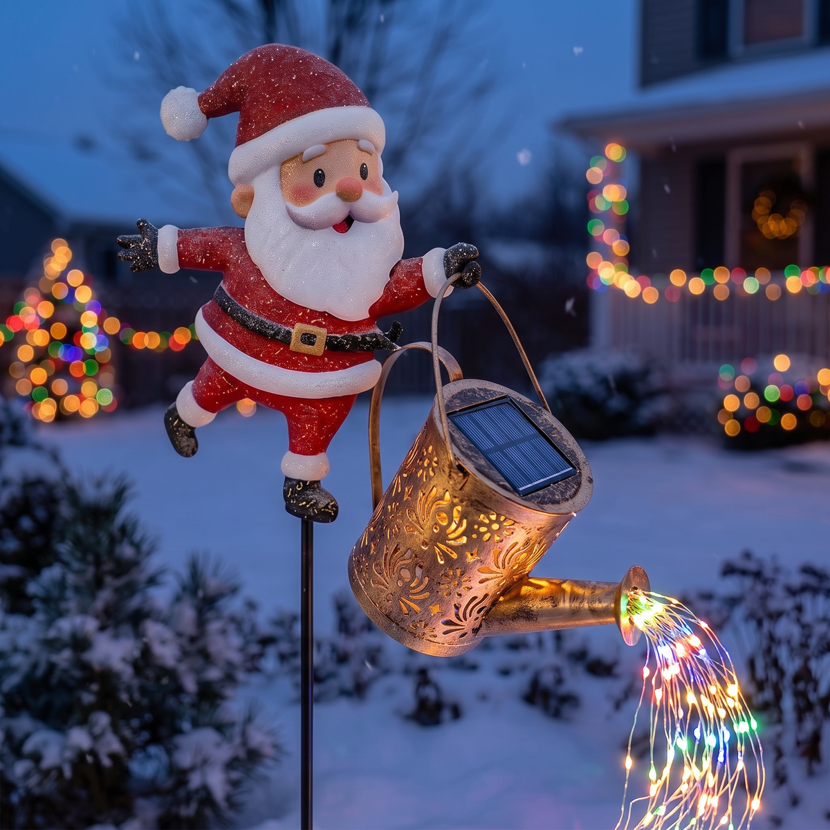 Close-up of Santa watering can solar light