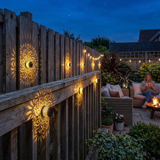 Solar fence lights along a deck railing at dusk