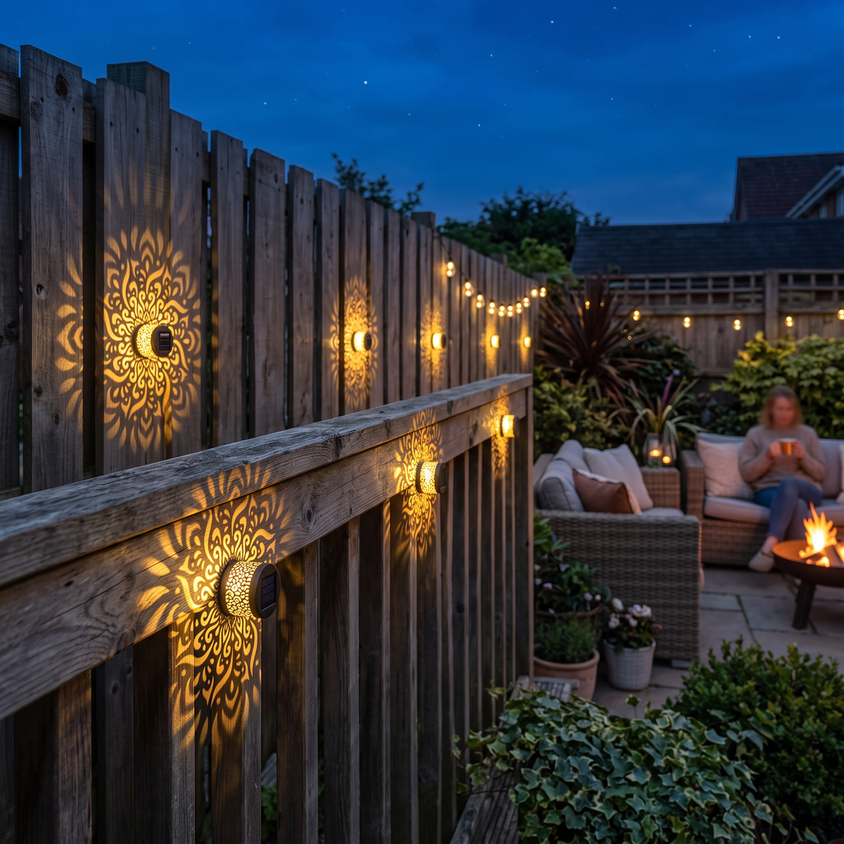 Solar fence lights along a deck railing at dusk