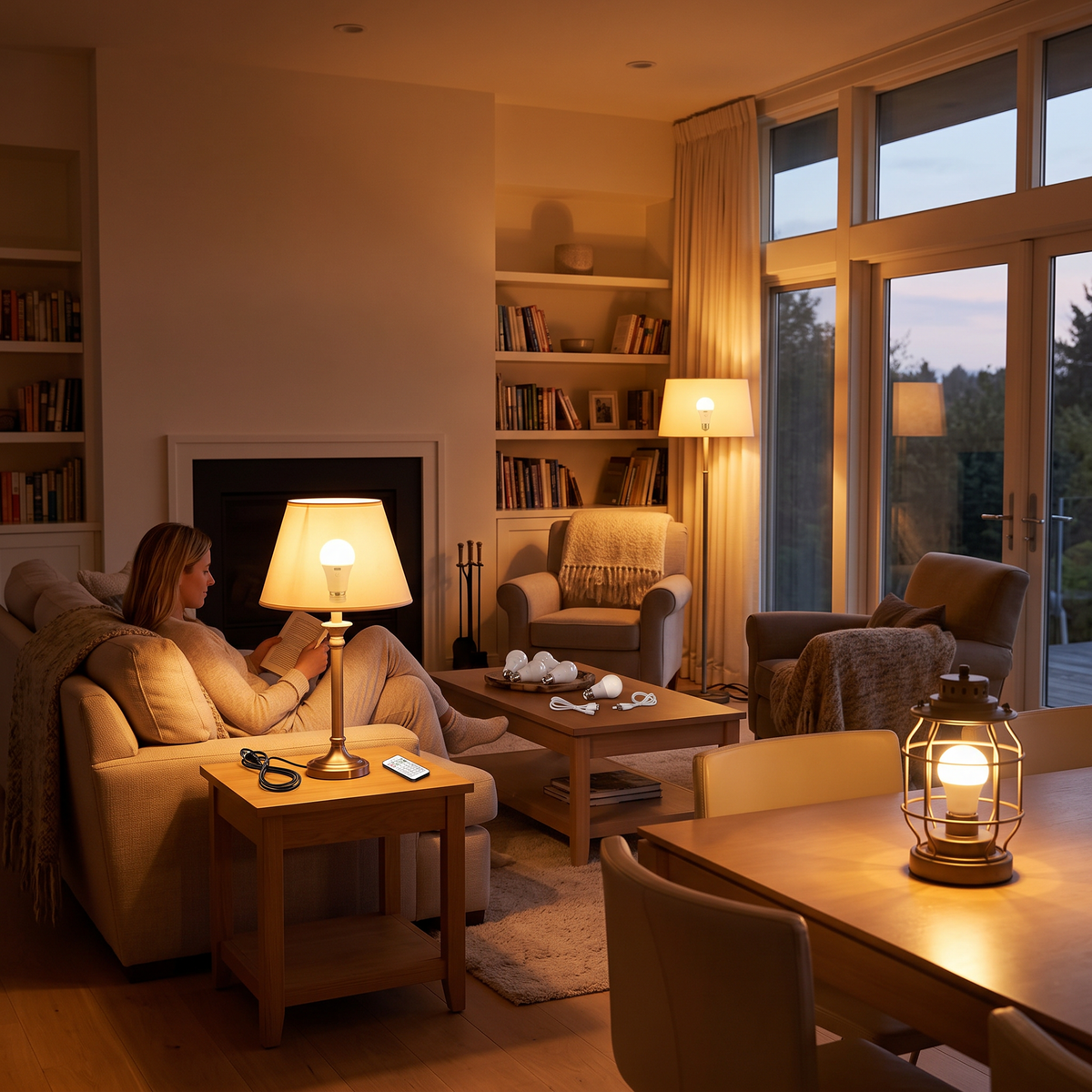 Living room in the evening lit by the rechargeable bulbs