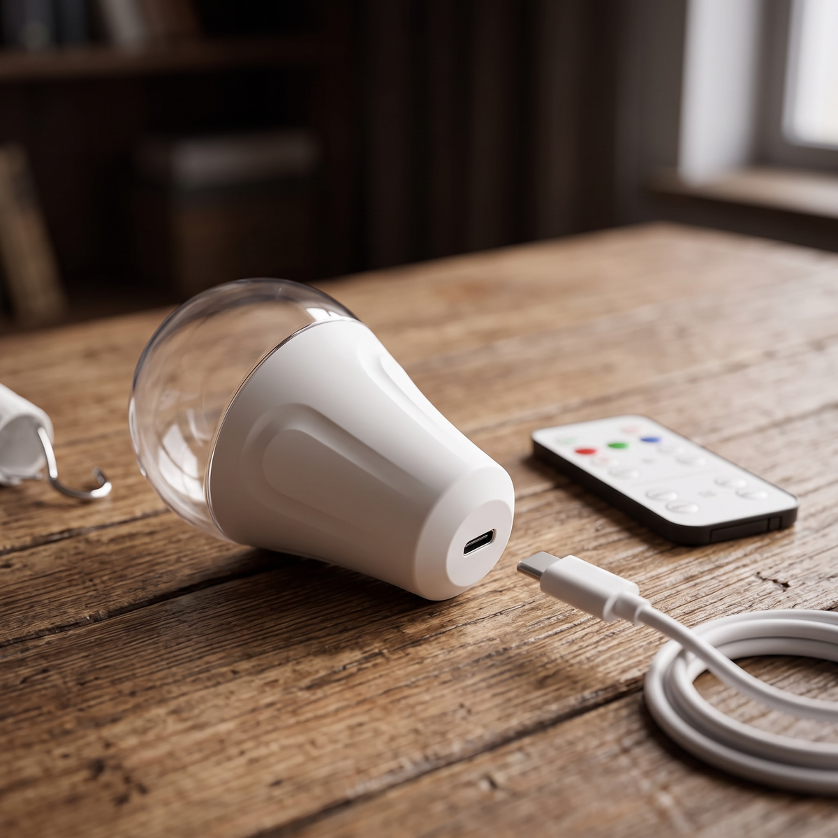 Close-up of the bulb with its USB charging cable