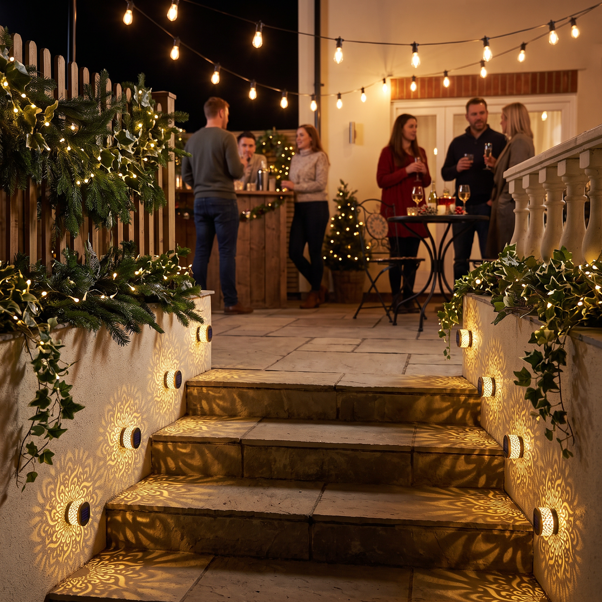 Set of lights along patio steps during an evening gathering