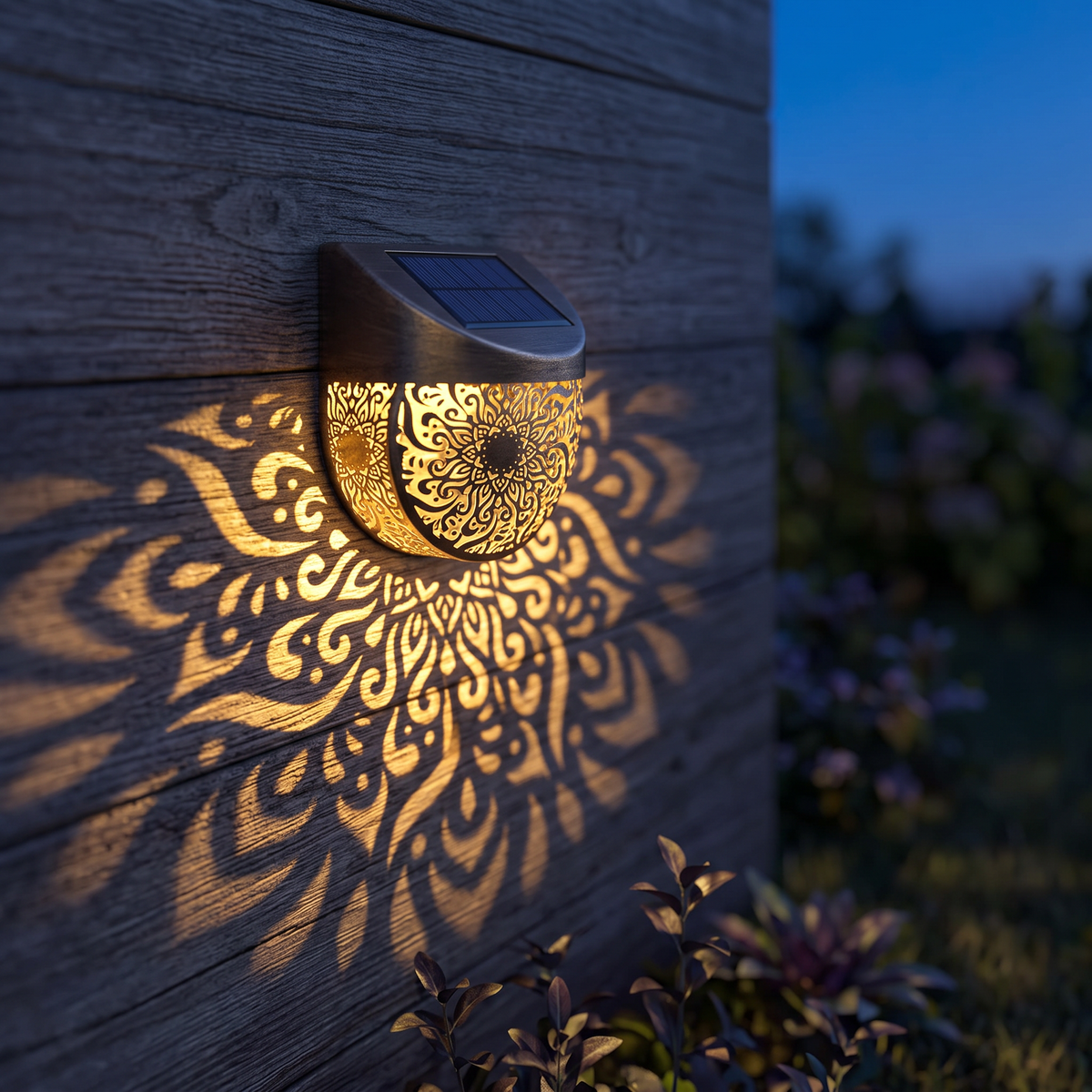 Close-up of the solar wall light and its light wash