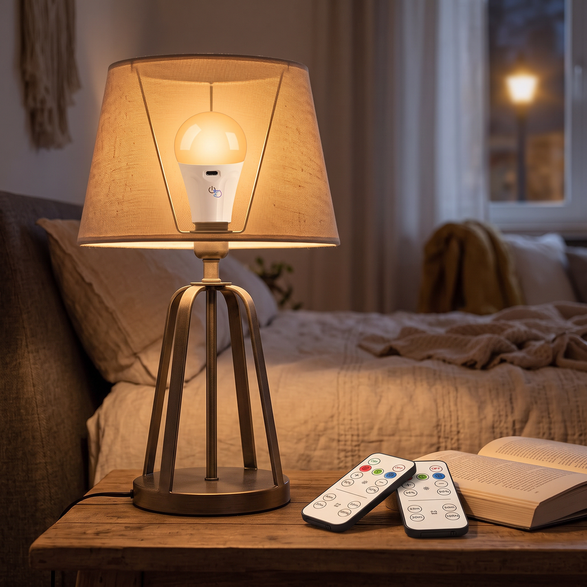 Rechargeable bulb glowing in a bedside lamp